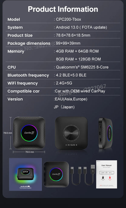 CarlinKit CarPlay Ai Box Android 13 SM6225 8 cores 8G+128G for Netflix Smart TV Box Wireless CarPlay Android Auto 512GB via TF